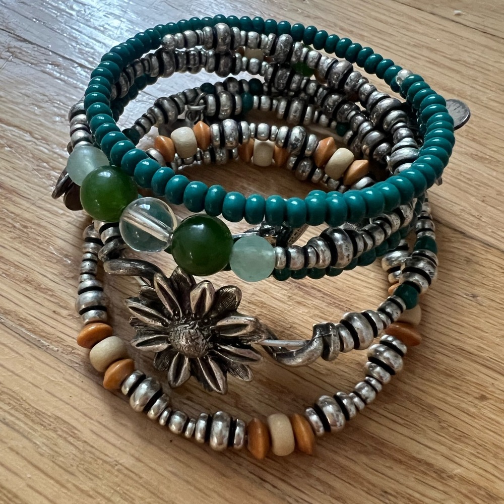 Bohemian Silver and Green Beaded Bracelet Set